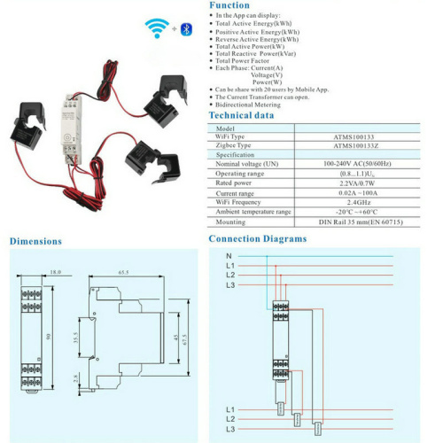 3 phase wifi power meter with no screen