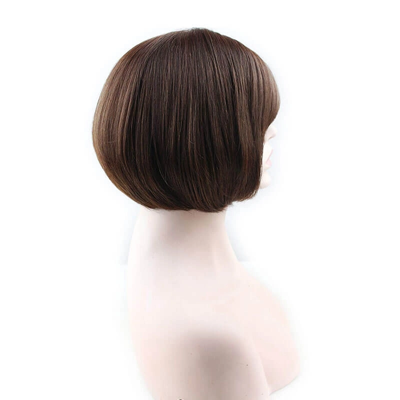 Glueless Short Bob with Side Bangs Mono Lace Net Brazilian Virgin Human Hair Wigs for Black Women Brown Color 10 inch