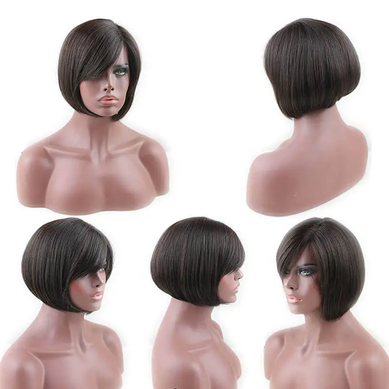 Glueless Short Bob with Side Bangs Mono Lace Net Brazilian Virgin Human Hair Wigs for Black Women Brown Color 10 inch