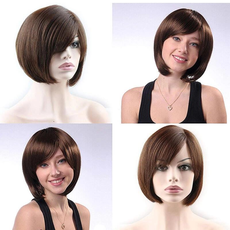 Glueless Short Bob with Side Bangs Mono Lace Net Brazilian Virgin Human Hair Wigs for Black Women Brown Color 10 inch