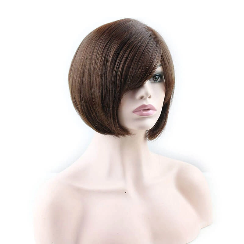 Glueless Short Bob with Side Bangs Mono Lace Net Brazilian Virgin Human Hair Wigs for Black Women Brown Color 10 inch