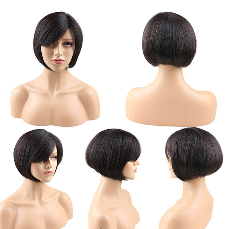 Glueless Short Bob with Side Bangs Mono Lace Net Brazilian Virgin Human Hair Wigs for Black Women Brown Color 10 inch