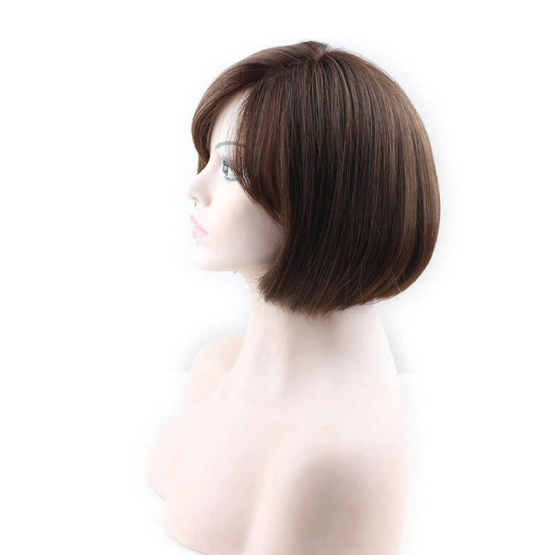 Glueless Short Bob with Side Bangs Mono Lace Net Brazilian Virgin Human Hair Wigs for Black Women Brown Color 10 inch