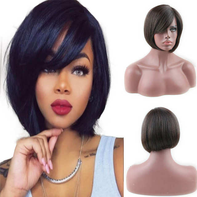 Glueless Short Bob with Side Bangs Mono Lace Net Brazilian Virgin Human Hair Wigs for Black Women Brown Color 10 inch