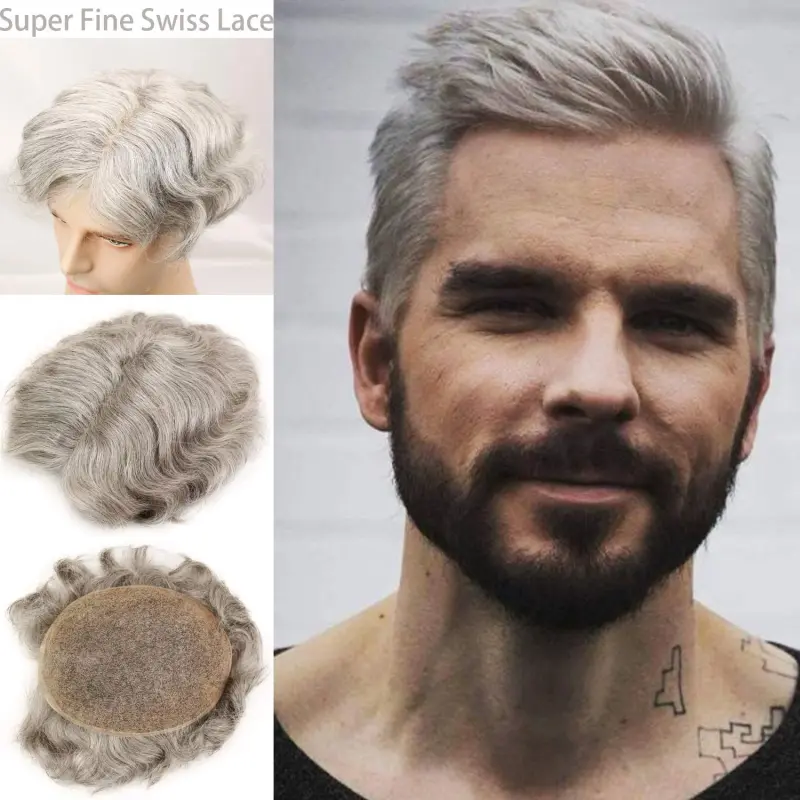 Grey Hairpiece 20% Black Human Hair 80% Grey French Lace FreeStyle 8X10 Toupee For Men