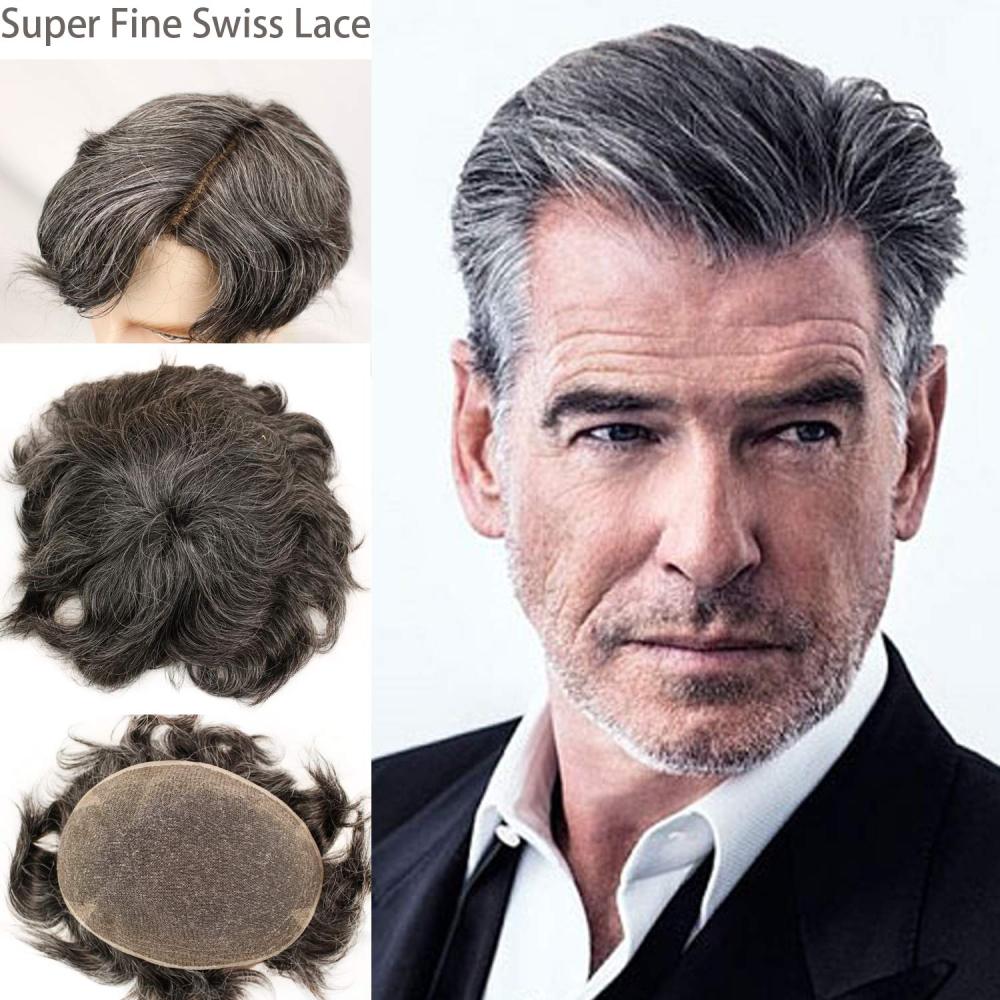 Grey Hairpiece 20% Black Human Hair 80% Grey French Lace FreeStyle 8X10 Toupee For Men