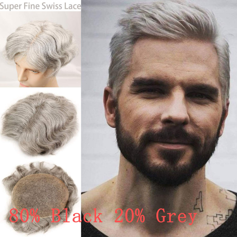 French Lace 80% black Human Hair 20% Grey FreeStyle With Soft Lace 8X10 Toupee For Men