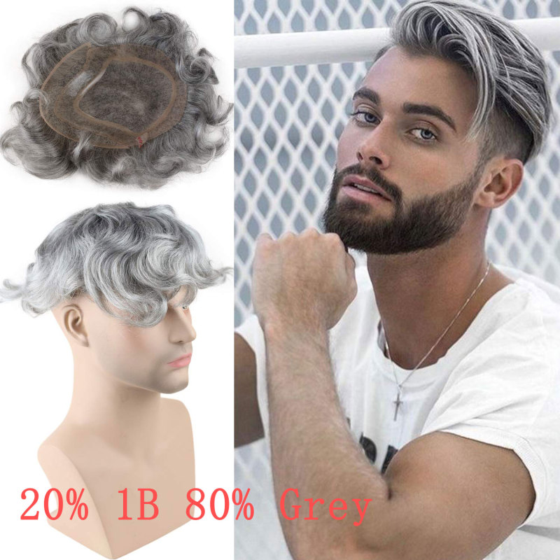 French Lace  20% 1B Black Color Mixed 80% Grey Hair Replacement  Hairpiece For Men 8X10inch Mono Lace With PU Toupee
