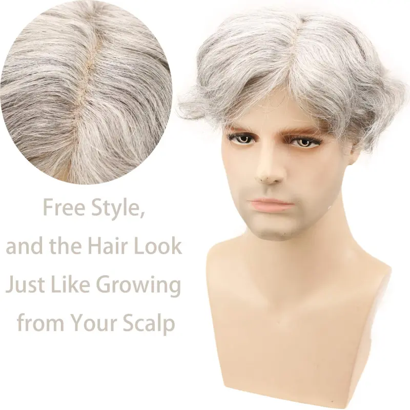 90% Grey Mixed 10%1B Black Hair Replacement Mono Lace Free Style 8x10" Toupee For Men