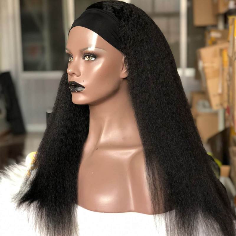 Kinky Straight Yaki Human Hair Wig Human Hair Wigs With Headband Remy Peruvian Full Machine Made Wig For Black Women 150Density