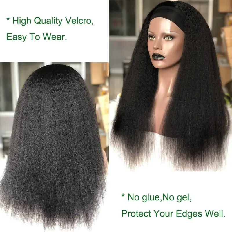 Kinky Straight Yaki Human Hair Wig Human Hair Wigs With Headband Remy Peruvian Full Machine Made Wig For Black Women 150Density