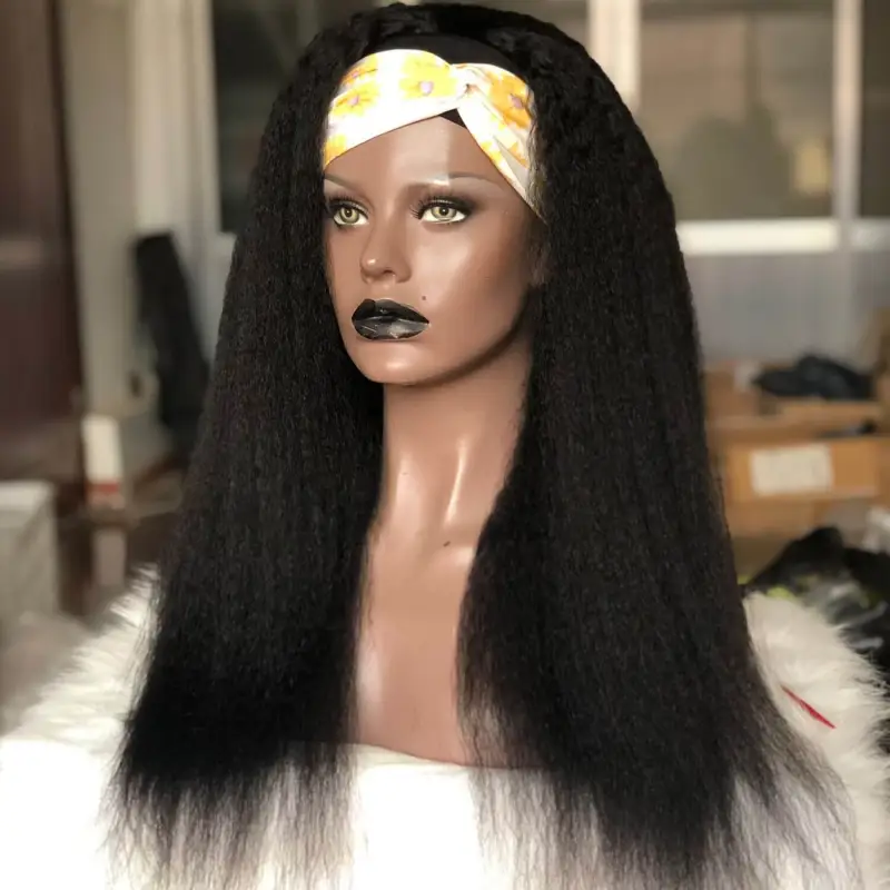 Kinky Straight Headband Wig Human Hair Wigs With Headband Remy Peruvian Full Machine Made Wig For Black Women 150Density