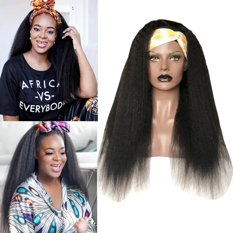 Kinky Straight Headband Wig Human Hair Wigs With Headband Remy Peruvian Full Machine Made Wig For Black Women 150Density