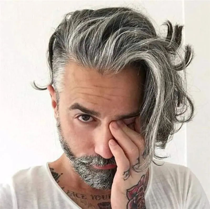 Real Human Hair Full Lace With Thin Skin Replacement for men 40% #1B Color Mixed 60% Grey Hair