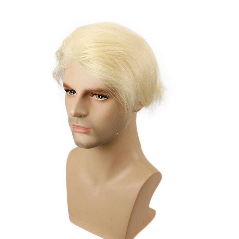613# Blonde Men`s Toupee 6 inch Hairpiece Whole PU Base Brazilian Remy Human Hair Natural Straight 10*8