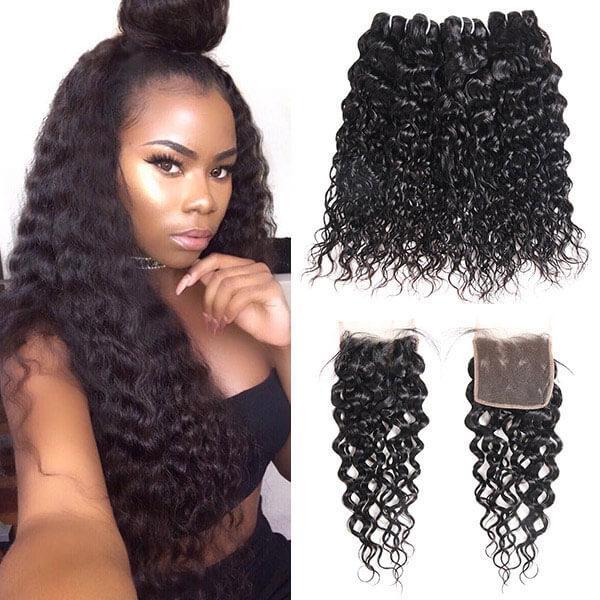 Peruvian Water Wave 4 Bundles with 4*4 Lace Closure Human Hair