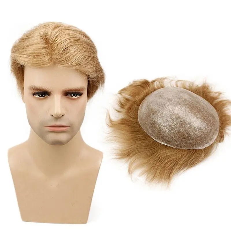 21# Blonde Mens Hair Replacement System Toupee Whole PU Base 10x8 Natural Straight Brazilian Remy Human Hair Piece