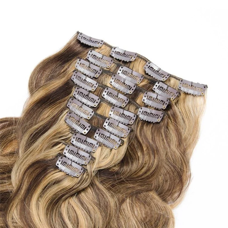 Blonde 160g 10pcs Clip in Real Human Hair Extension Body Wave Highlight Color