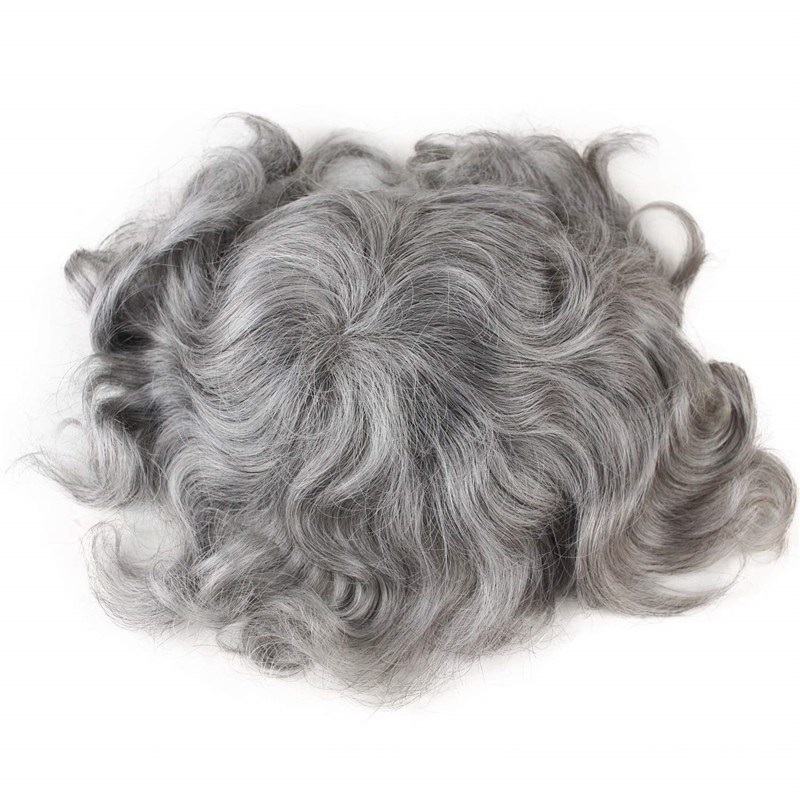 French Lace  20% 1B Black Color Mixed 80% Grey Hair Replacement  Hairpiece For Men 8X10inch Mono Lace With PU Toupee