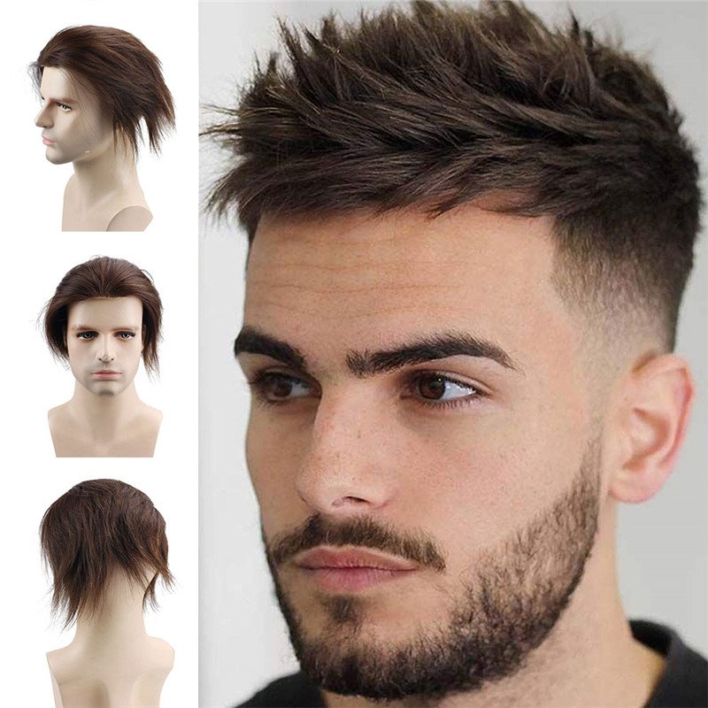 Human Hair Toupee Men's Unit Short Wigs for Men 6x7.5 Inches Lace Front Wig Lace With PU Around Hair Replacement for Men Color Off Dark Brown