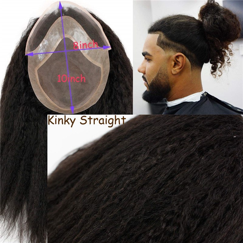 12" Long Kinky Straight Human Hair Replacement for Men Stock Toupee Mono Lace and PU Around with Swiss Lace Front 10"x8" Base Size Natural Black Bolor