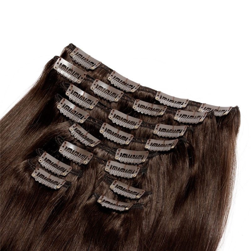 120g 10pcs Black Clip In Hair Extensions Silky Straight Brown Color Brazilian Human Hair