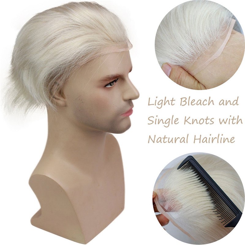 100% European Virgin Men's Toupee Replacement System For Thinning Hair On Top,#60 Platinum Blonde Color 8X10