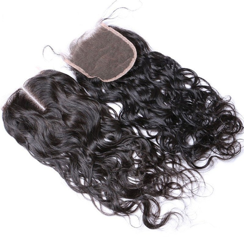 8A Wet and Wavy Closure Lace Closure Virgin Brazilian Human Hair Bleached Knots Free MIddle 3 Part 4*4 120% density natural color