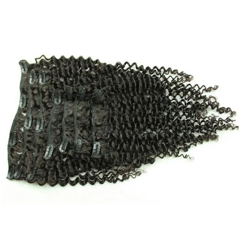 Kinky Curly Brazilian Virgin Hair Clip In Human Hair Extensions Natural Color