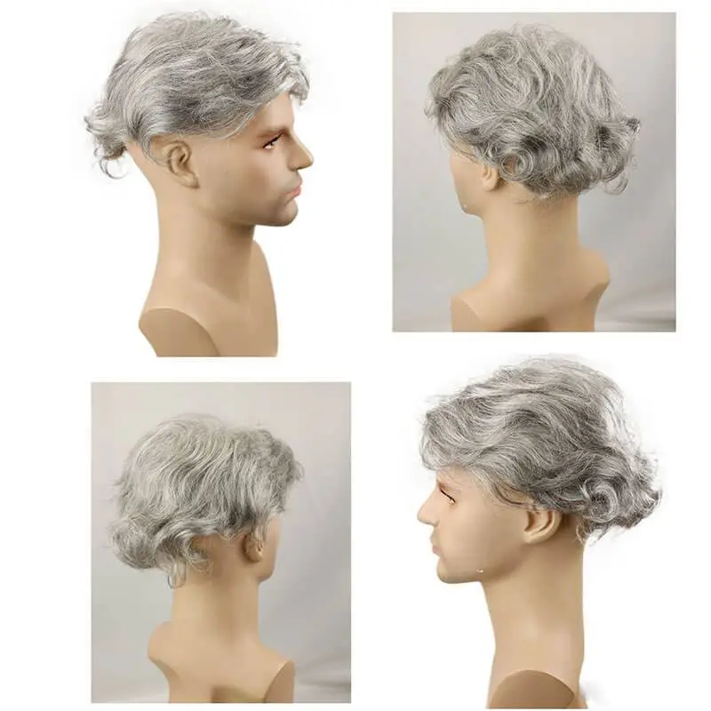 Grey Men`s Toupee Hairpiece Whole PU Base Brazilian Remy Human Hair 1b# Mix 80% Grey Hair Natural Straight 10*8