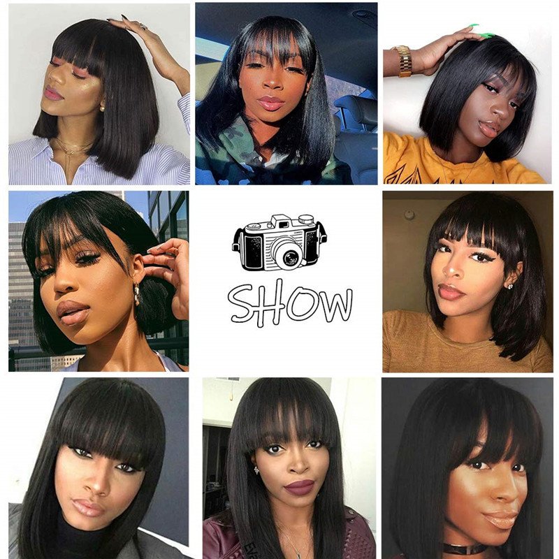 Short Bob Wigs Straight Brazilian None Lace Front Wigs With Bangs 130% Density Glueless Machine Made Wigs For Black Women(8-14Inches)