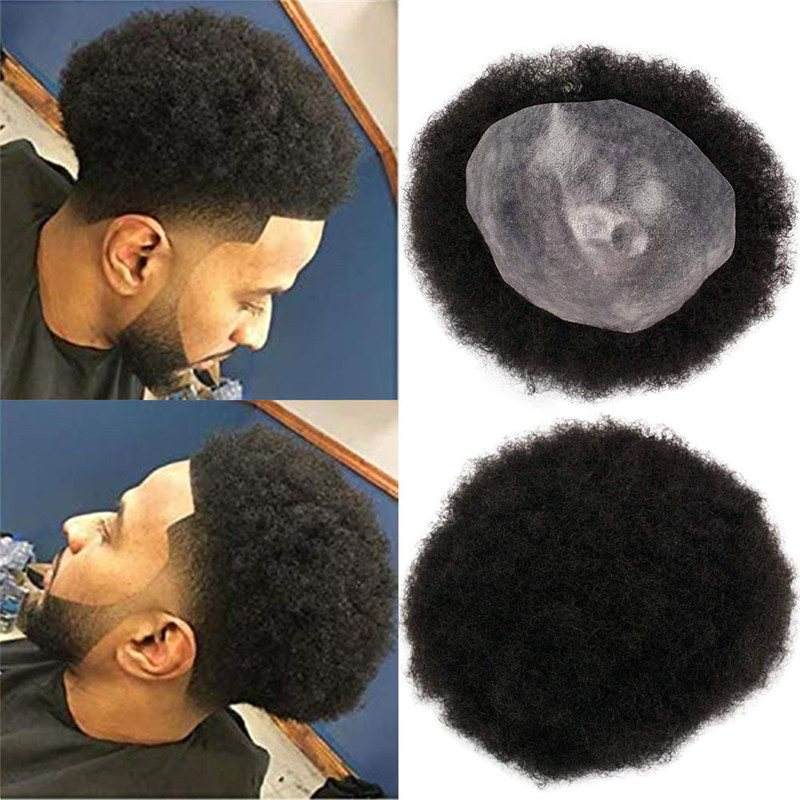 Eseewigs Mens Toupee 10x8 Inch Replacement Afro Curl Mens Wig Full PU Base Hairpiece For Men 100% Brazilian Remy Human Hair 1B#