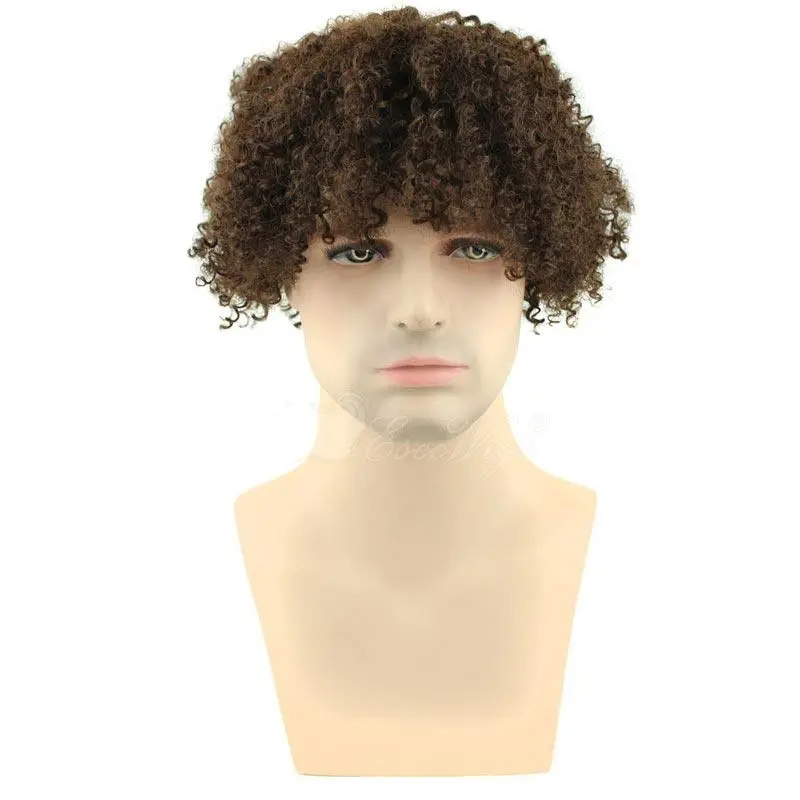 David Luiz Afro Kinky Curly Short Wig Brazilian Remy Human Hair 130% Density Short Wig for Toupee Hairpiece Men (Brown)