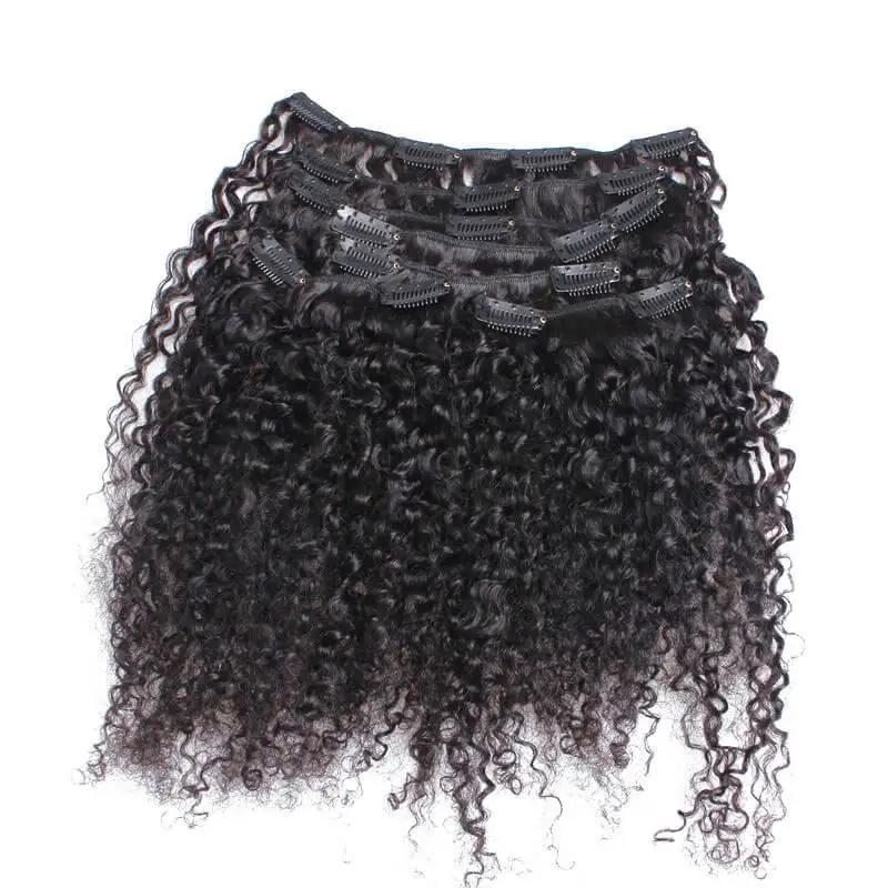 Kinky Curly Weave Clip In Human Hair Extension Natural Color Full Head