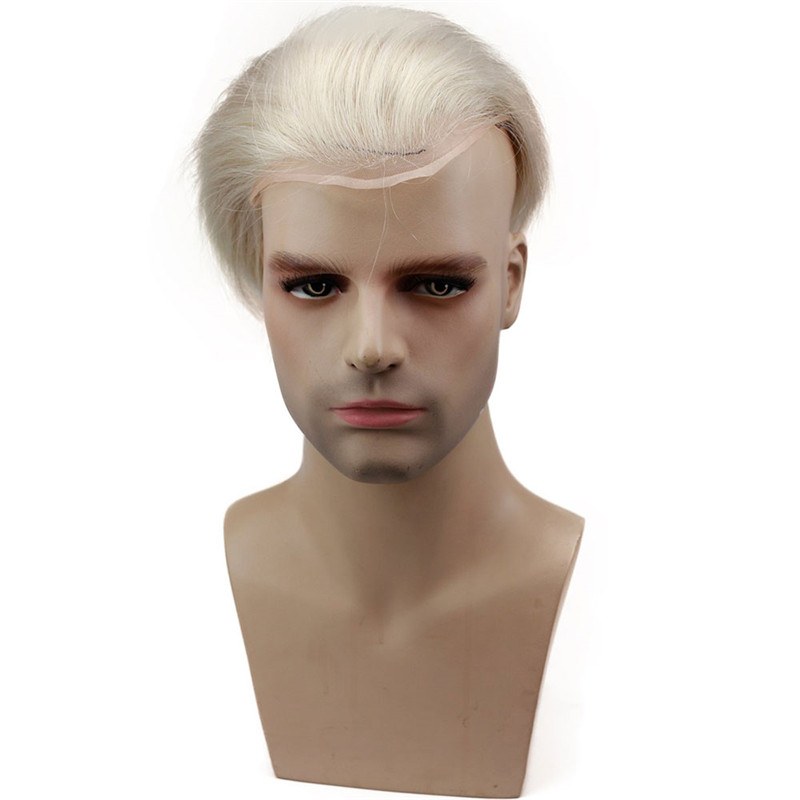 100% European Virgin Men's Toupee Replacement System For Thinning Hair On Top,#60 Platinum Blonde Color 8X10