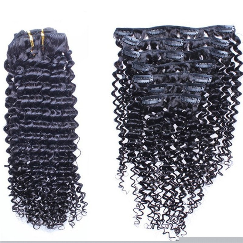 Clip In Hair Extensions  Kinky Curly Indian Remy Human Hair Natural Color