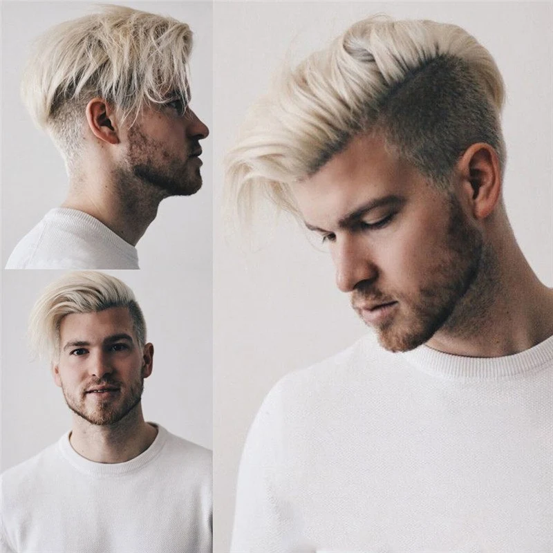 100% European Virgin Men's Toupee Replacement System For Thinning Hair On Top,#60 Platinum Blonde Color 8X10