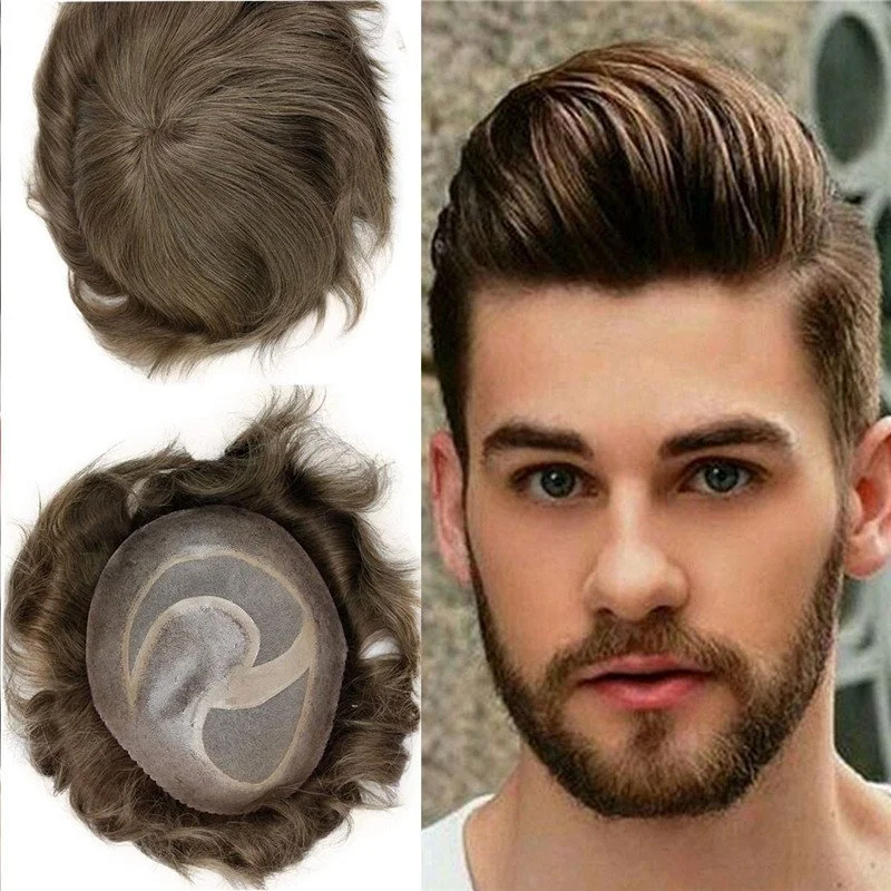 Human Hair Best Mono 8X10 With PU Hair Replacement With Soft Skin #7 Color Swiss Lace Toupee For Men