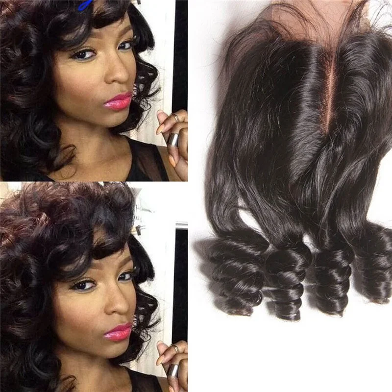 Peruvian Bouncy Curly Lace Closure Unprocessed Aunty Fumy Hair Closure With Baby Hair Free Middle Part 4*4 Inch