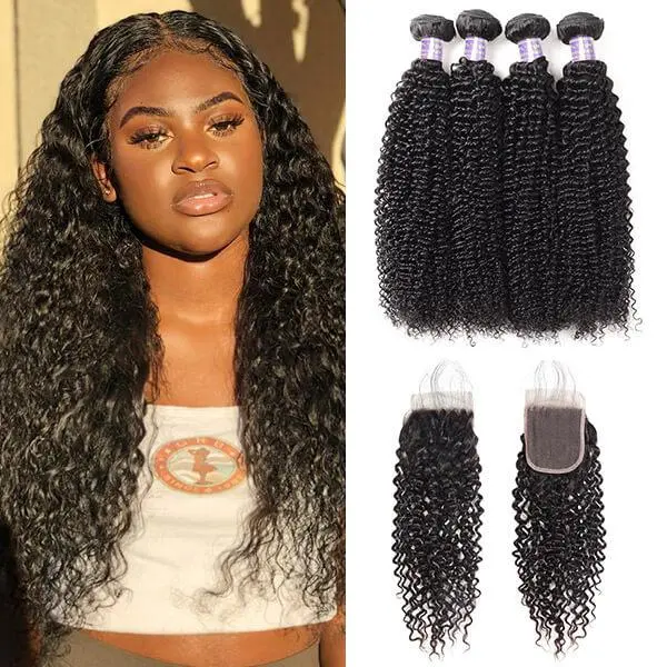 Malaysian Kinky Curly 4 Bundles with 4*4 Lace Closure Virgin Hair