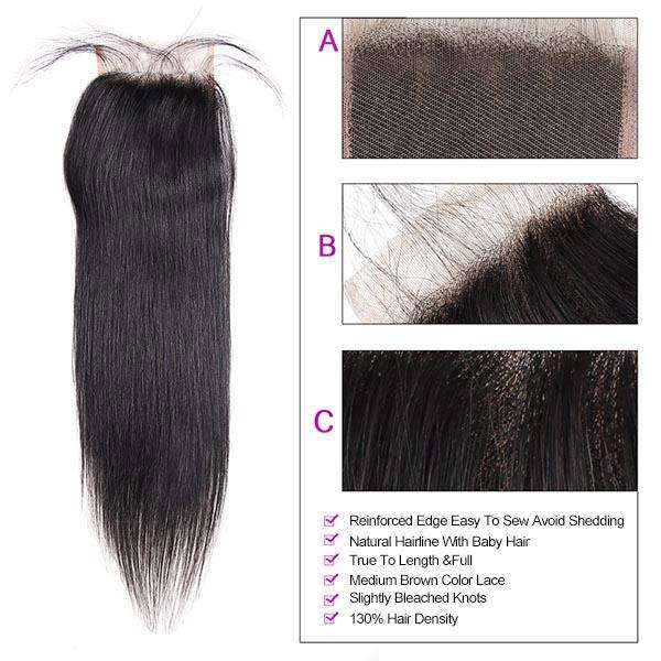 Eseewigs Peruvian Straight Hair 4 Bundles With 4*4 Lace Closure