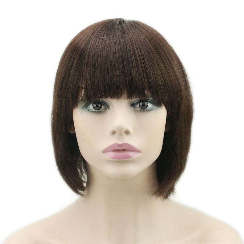 Short Black and Brown Bob Wig with Bang Real Human Hair for Women