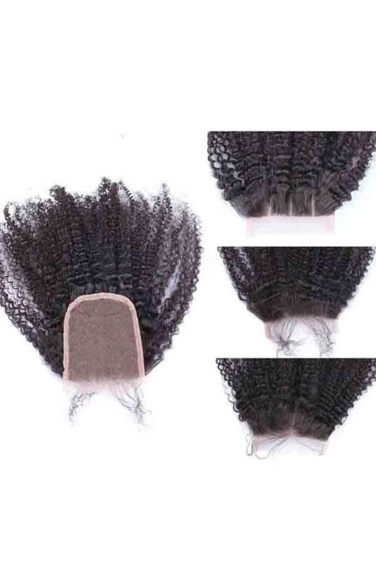 European Real Human Hair Afro Kinky Curly Free Part 4x4 Lace Closure