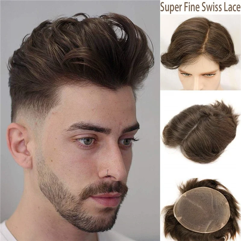 French Lace 100%Human Hair European Real Hair Thin Skin 8X10 Toupee For Men #4 Brown Color