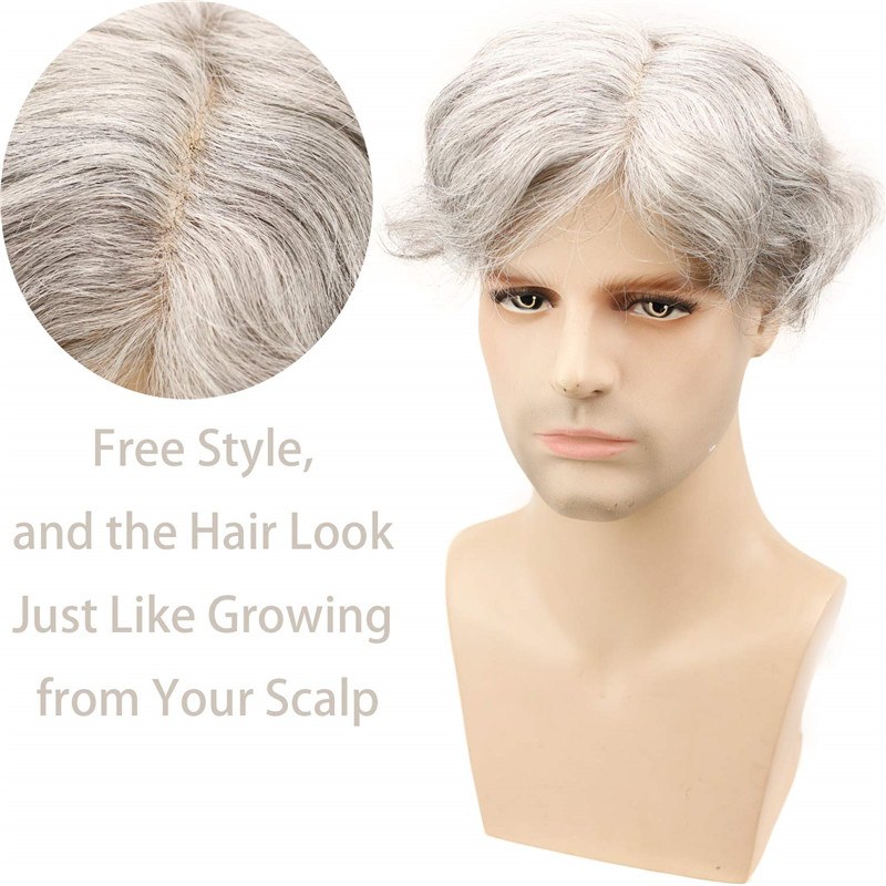 Grey Hairpiece 20% Black Human Hair 80% Grey French Lace FreeStyle 8X10 Toupee For Men