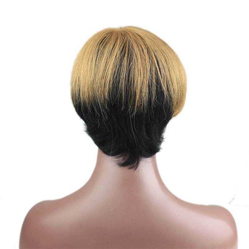 Brazilian Human Hair Silk Straight Gluess Short Wigs Two Tone Golden Brown Black Color for Black Women