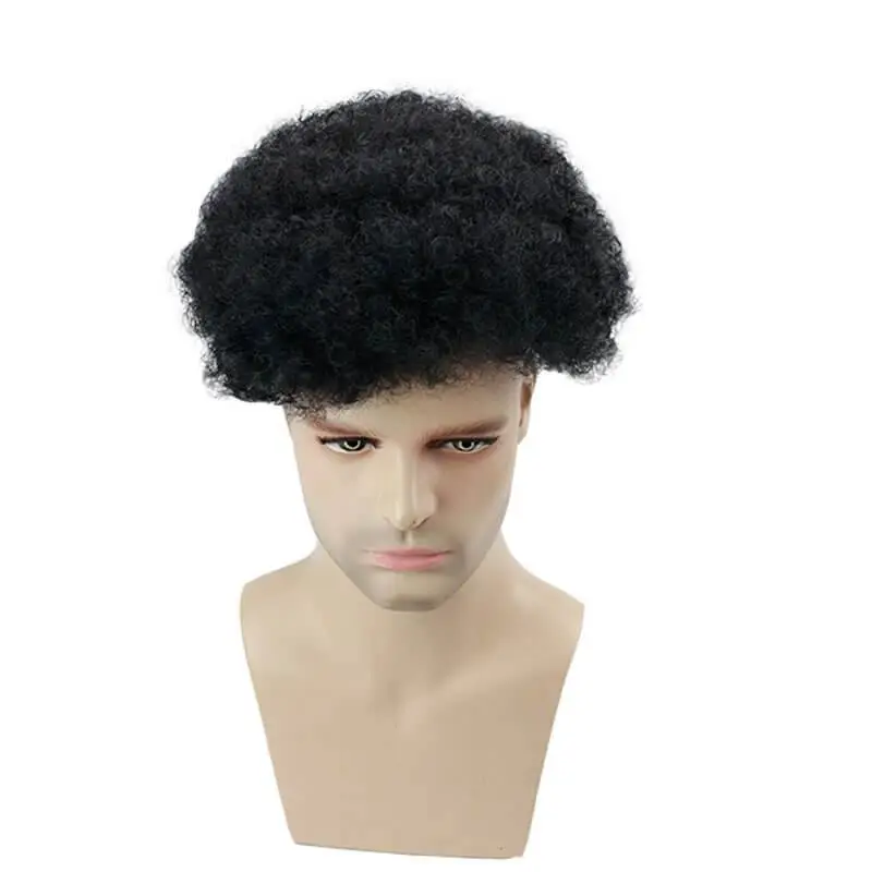 Eseewigs Mens Toupee 10x8 Inch Replacement Afro Curl Mens Wig Full PU Base Hairpiece For Men 100% Brazilian Remy Human Hair 1B#