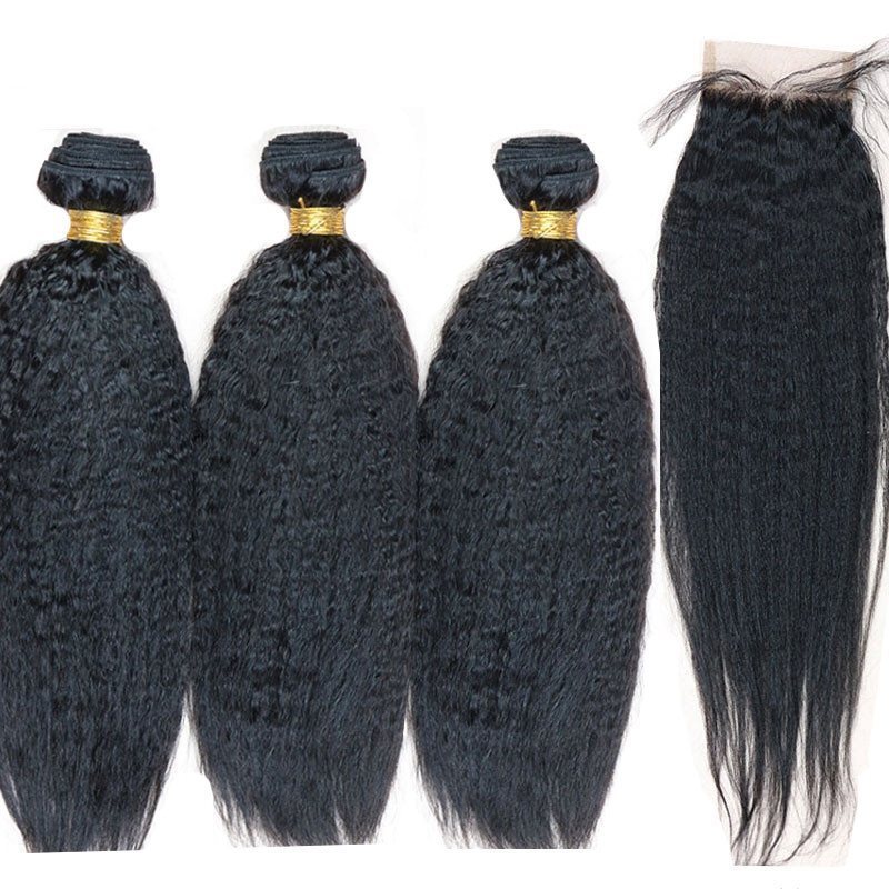 Kinky Straight Human Hair 4x4 Lace Closure Straight With 3 Bundles Peruvian Virgin Hair