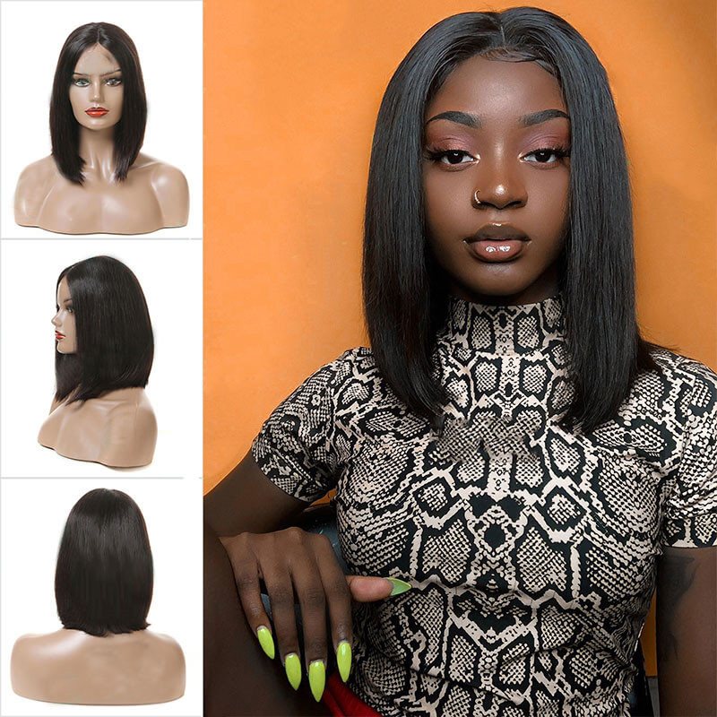 150% Density Middle Part Short Blunt Cut Bob Wig Silky Straight For Black Women With Pre-Plucked Hairline Short Lace Front Human Hair Wigs