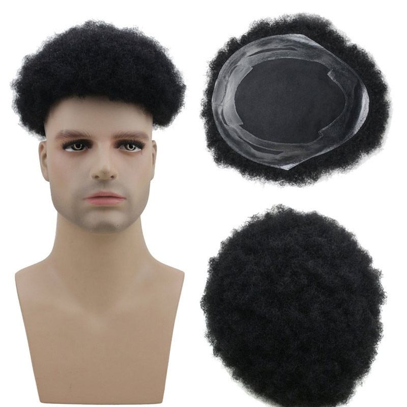 Human Hair Afro Curly Mens Toupee Hairpiece Wig Base with Hard PU Reforced Color #1